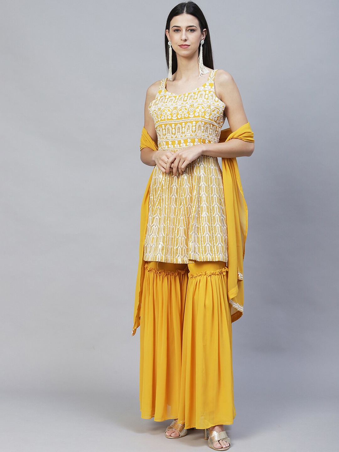 

FASHOR Women Ethnic Motifs Embroidered Empire Kurta with Sharara & With Dupatta, Mustard