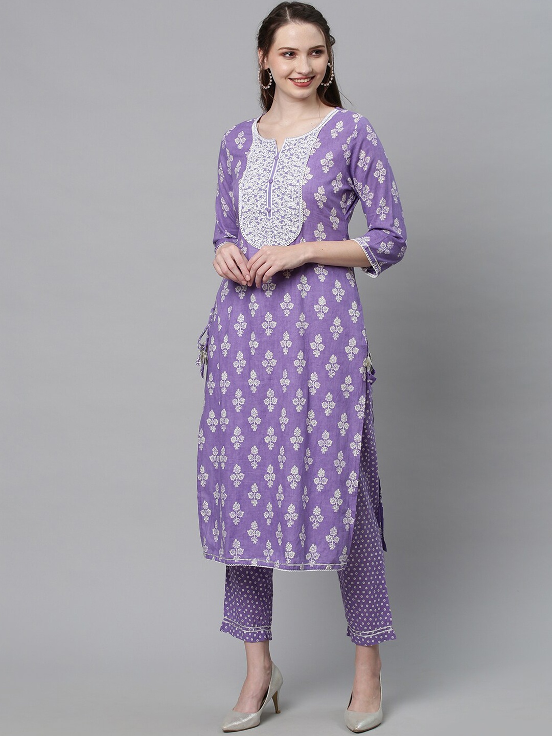 

FASHOR Women Ethnic Motifs Printed Pure Cotton Kurta with Trousers, Purple