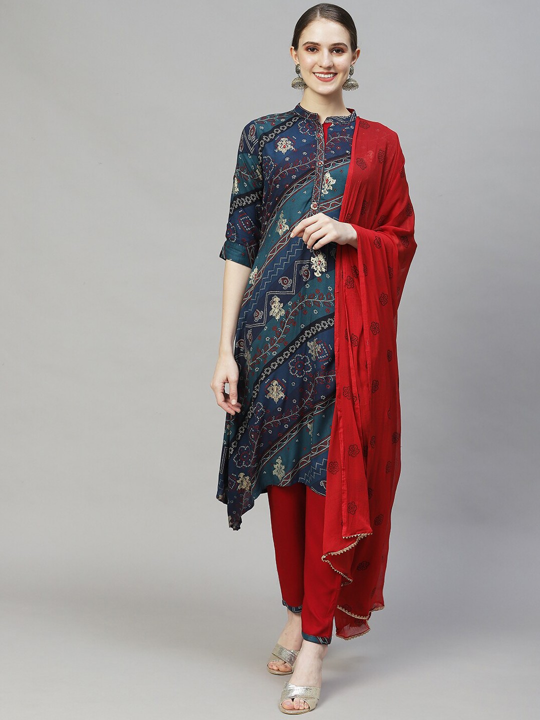 

FASHOR Women Blue Ethnic Motifs Printed Kurta with Trousers & With Dupatta