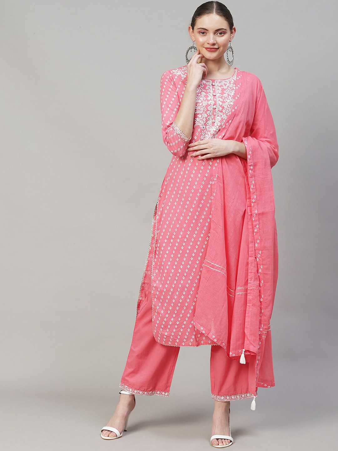 

Fashor Women Floral Printed Pure Cotton Kurta with Palazzos & With Dupatta, Pink