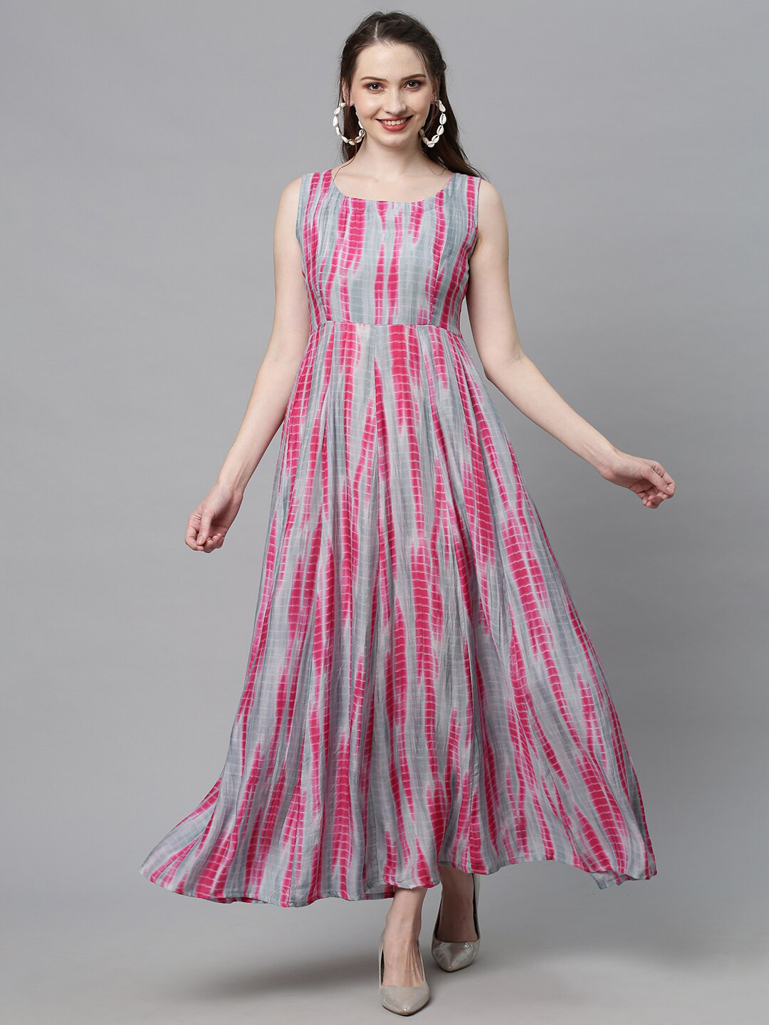 

FASHOR Women Pink & Grey Tie and Dye Dyed Silk A-Line Flared Dress with Jacket & Belt