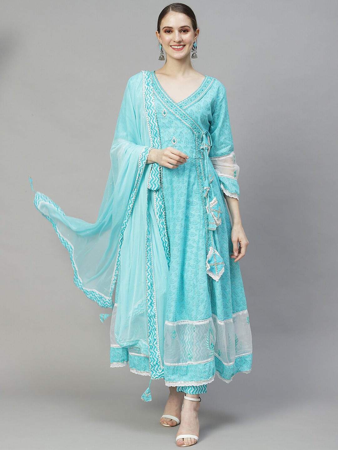 

Fashor Women Ethnic Motifs Printed Pure Cotton Kurta with Trousers & With Dupatta, Blue