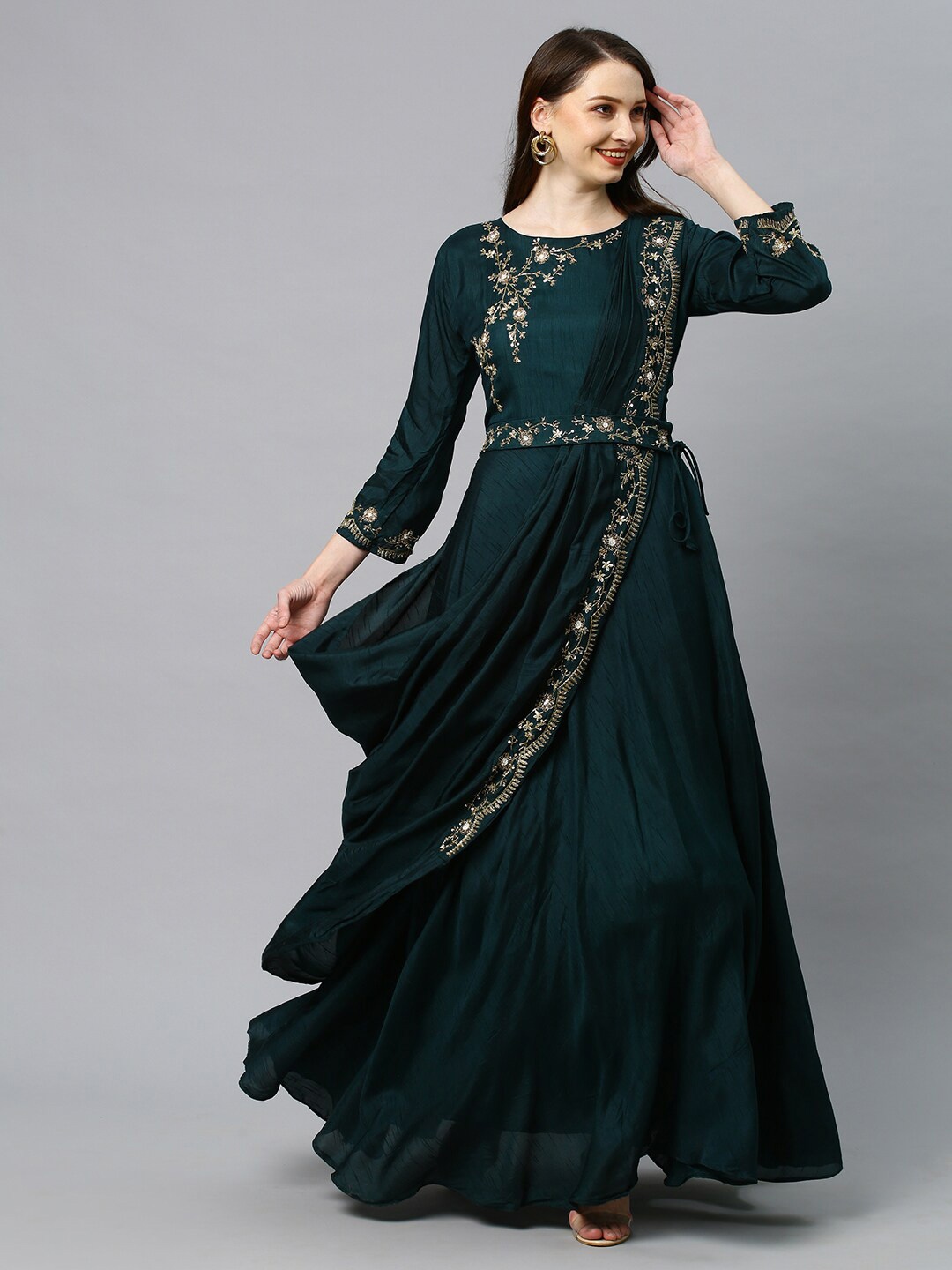 

FASHOR Women Green Embroidered Silk Flared Maxi Dress