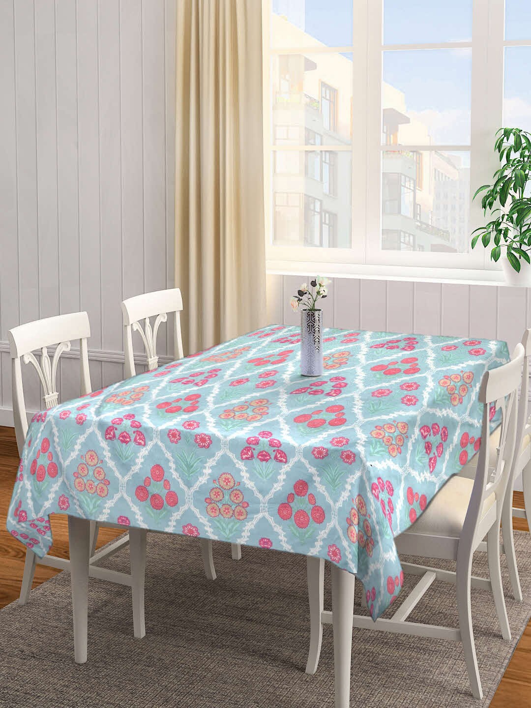 

KLOTTHE 6 Seater Floral Printed Rectangular Table Cover, Blue