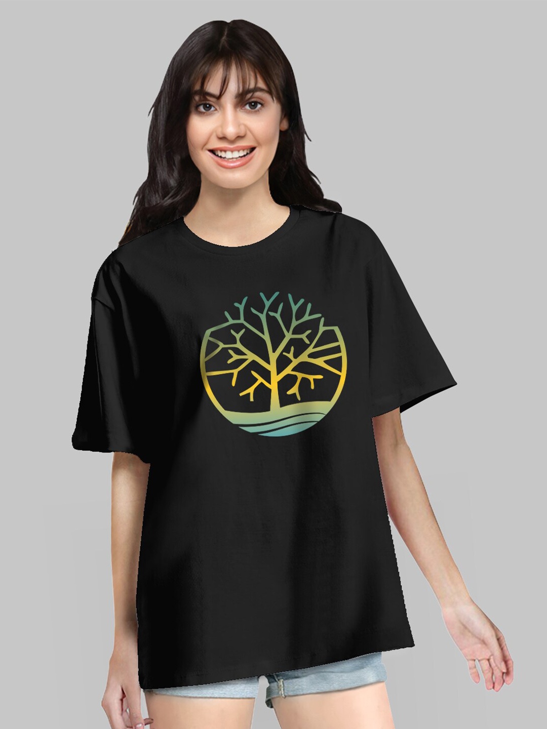 

Pootlu Women Black Printed Drop-Shoulder Sleeves Oversized T-shirt