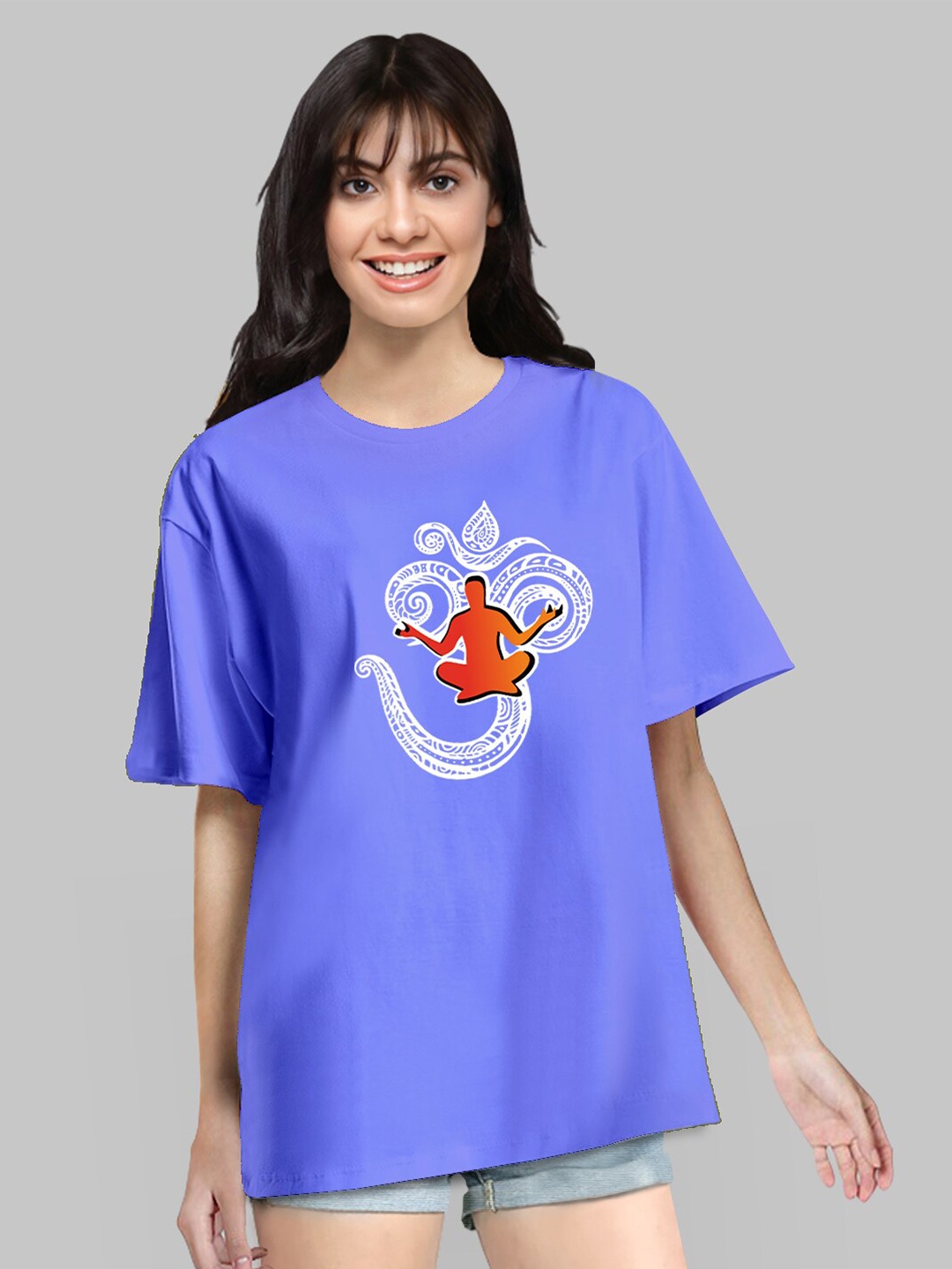 

Pootlu Women Blue Printed Drop-Shoulder Sleeves Oversized T-shirt