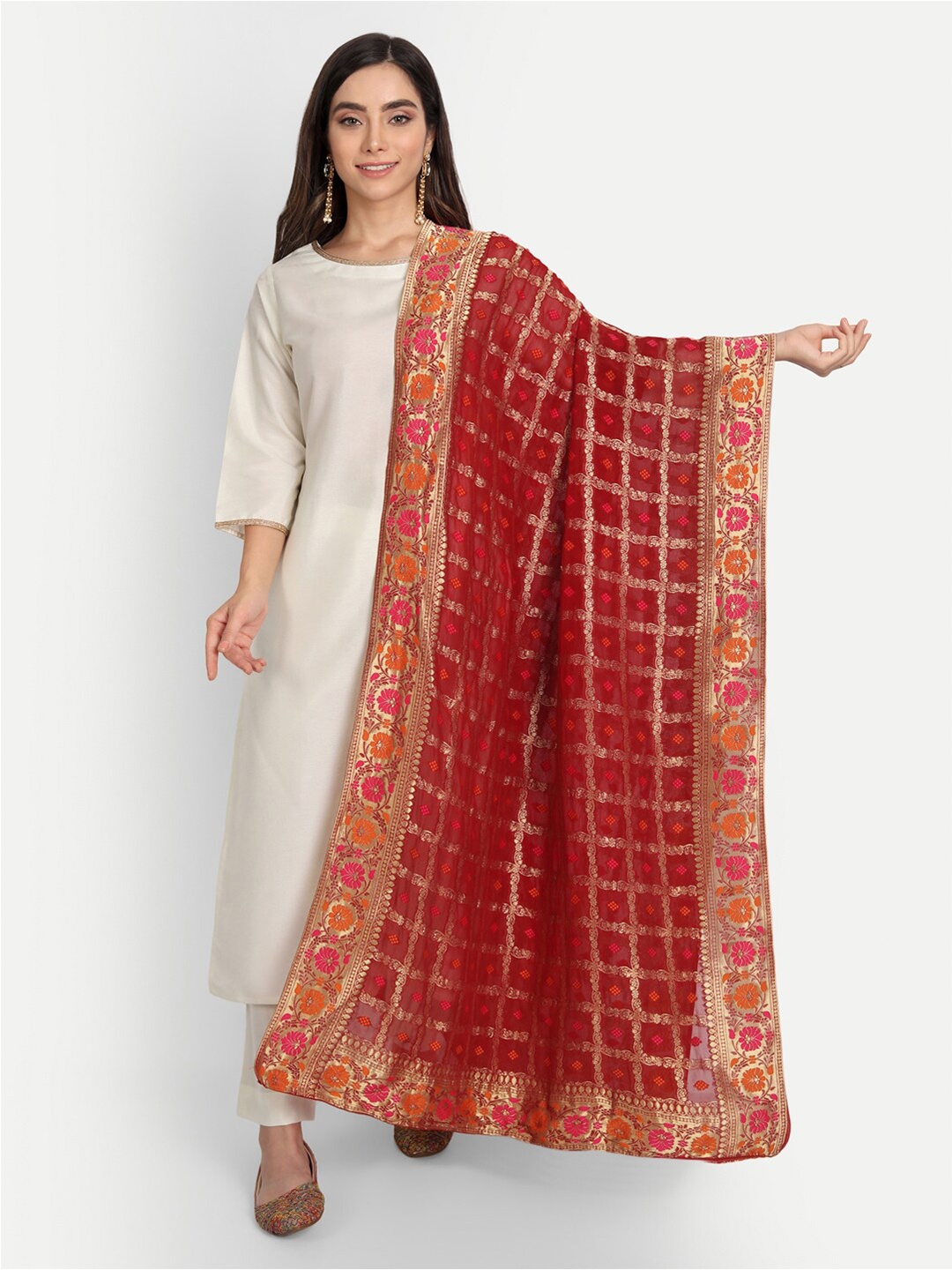 

amraoo Maroon & Gold-Toned Floral Embellished Dupatta