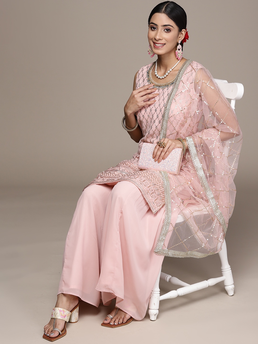 

SAARYA Women Pink & Gold Sequinned Straight Kurta with Sharara & Dupatta