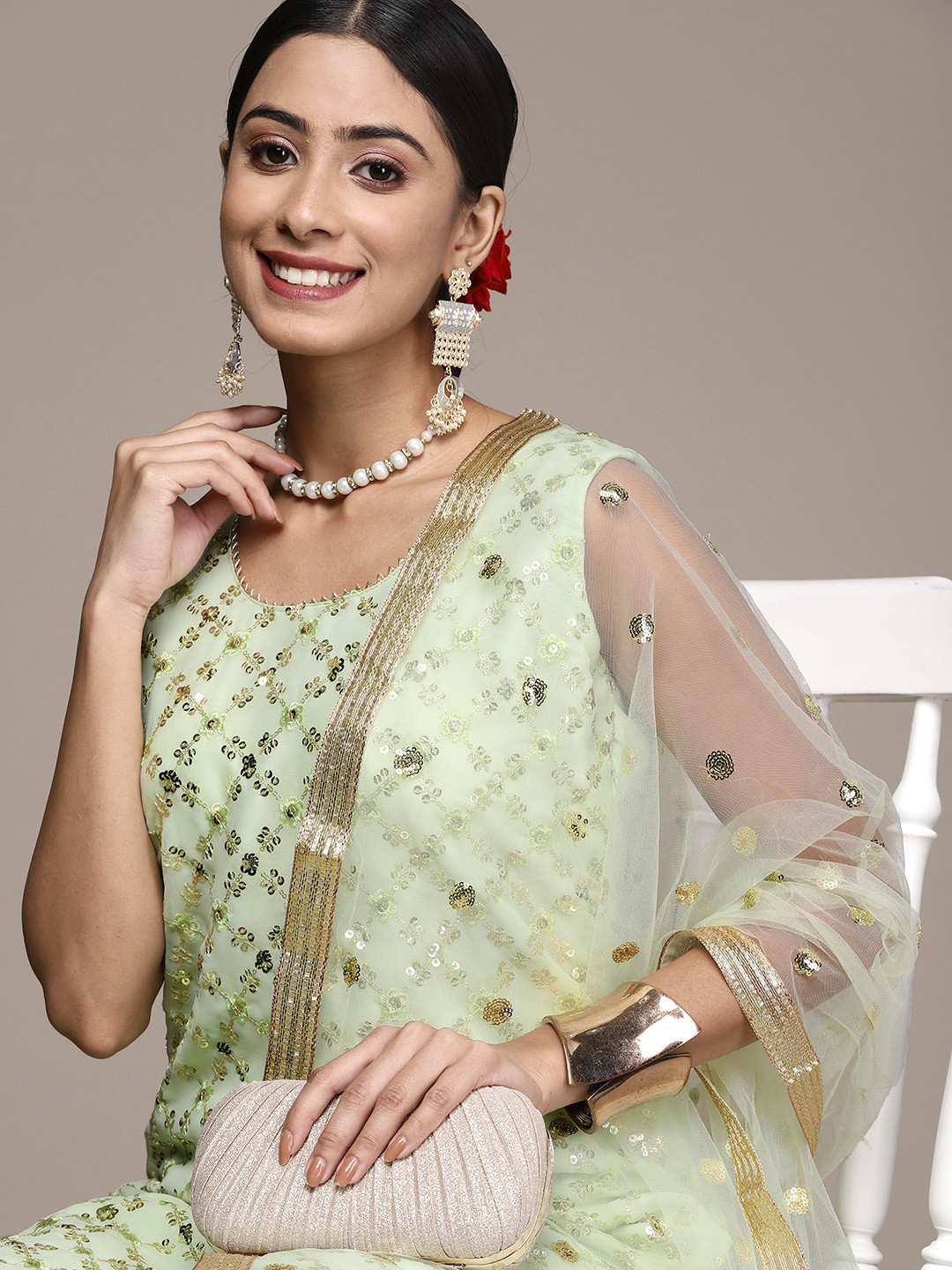 

SAARYA Sage Green & Gold Sequinned Straight Kurta with Sharara & With Dupatta