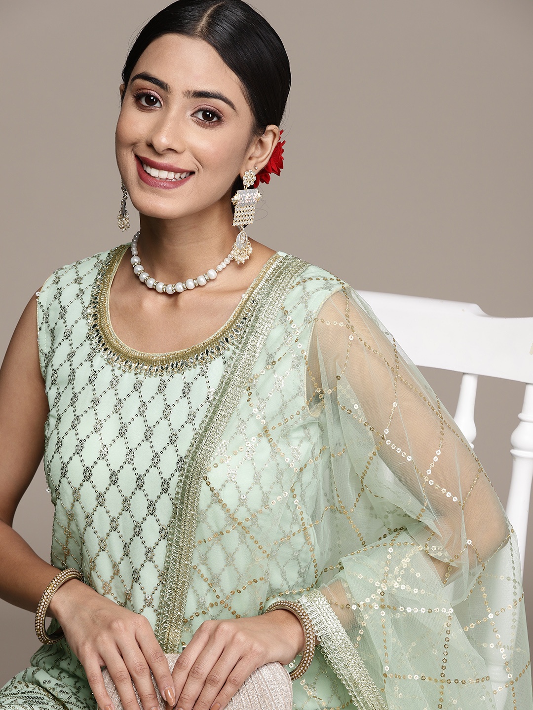 

SAARYA Mint Green Floral Sequinned Straight Kurta with Sharara & With Dupatta
