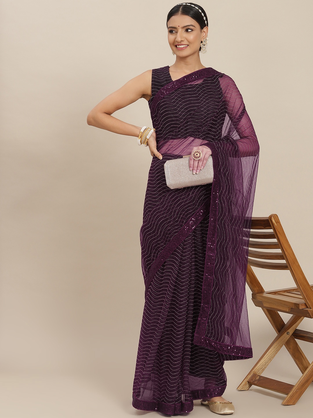 

SAARYA Burgundy Embellished Net Saree