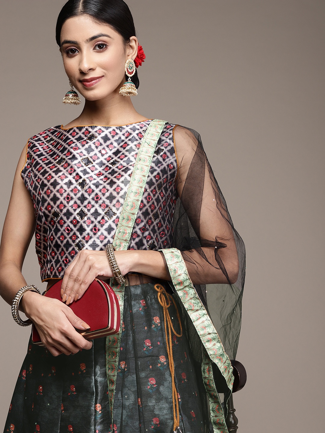 

SAARYA Printed Mirror Work Ready to Wear Lehenga & Blouse With Dupatta, Teal