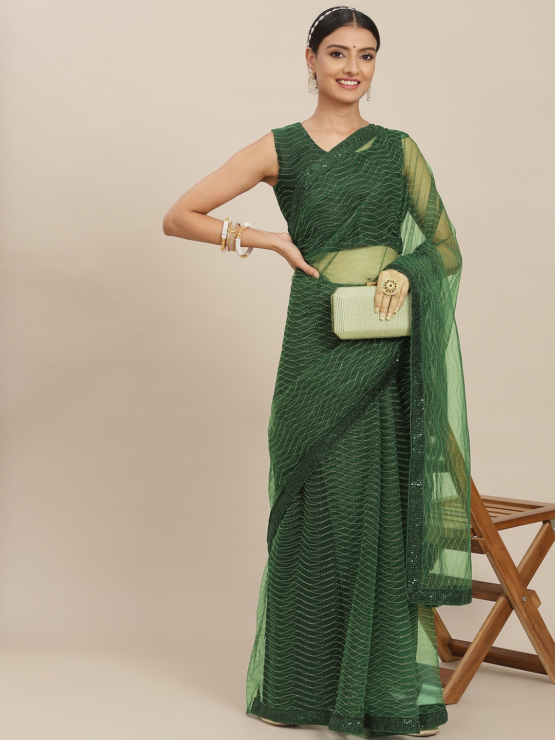 

SAARYA Green Embellished Net Saree