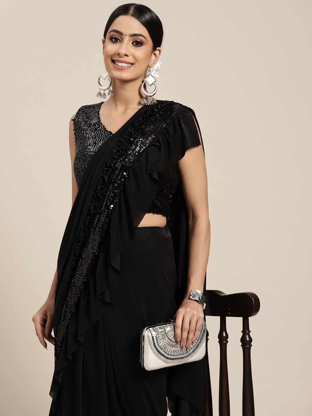 

SAARYA Black Embellished Sequinned Satin Ready To Wear Saree