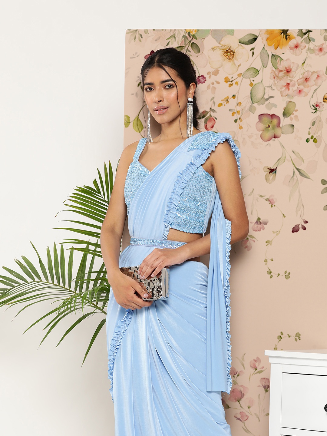 

SAARYA Blue Solid Satin Ready To Wear Saree
