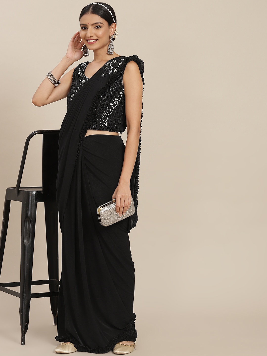 

SAARYA Black Solid Satin Ready to Wear Saree