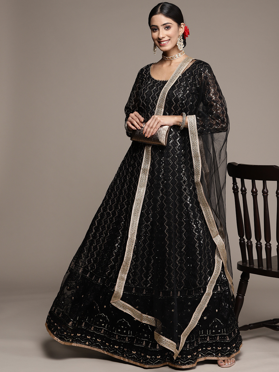 

SAARYA Women Floral Embroidered Sequin Maxi Ethnic Gown With Dupatta, Navy blue