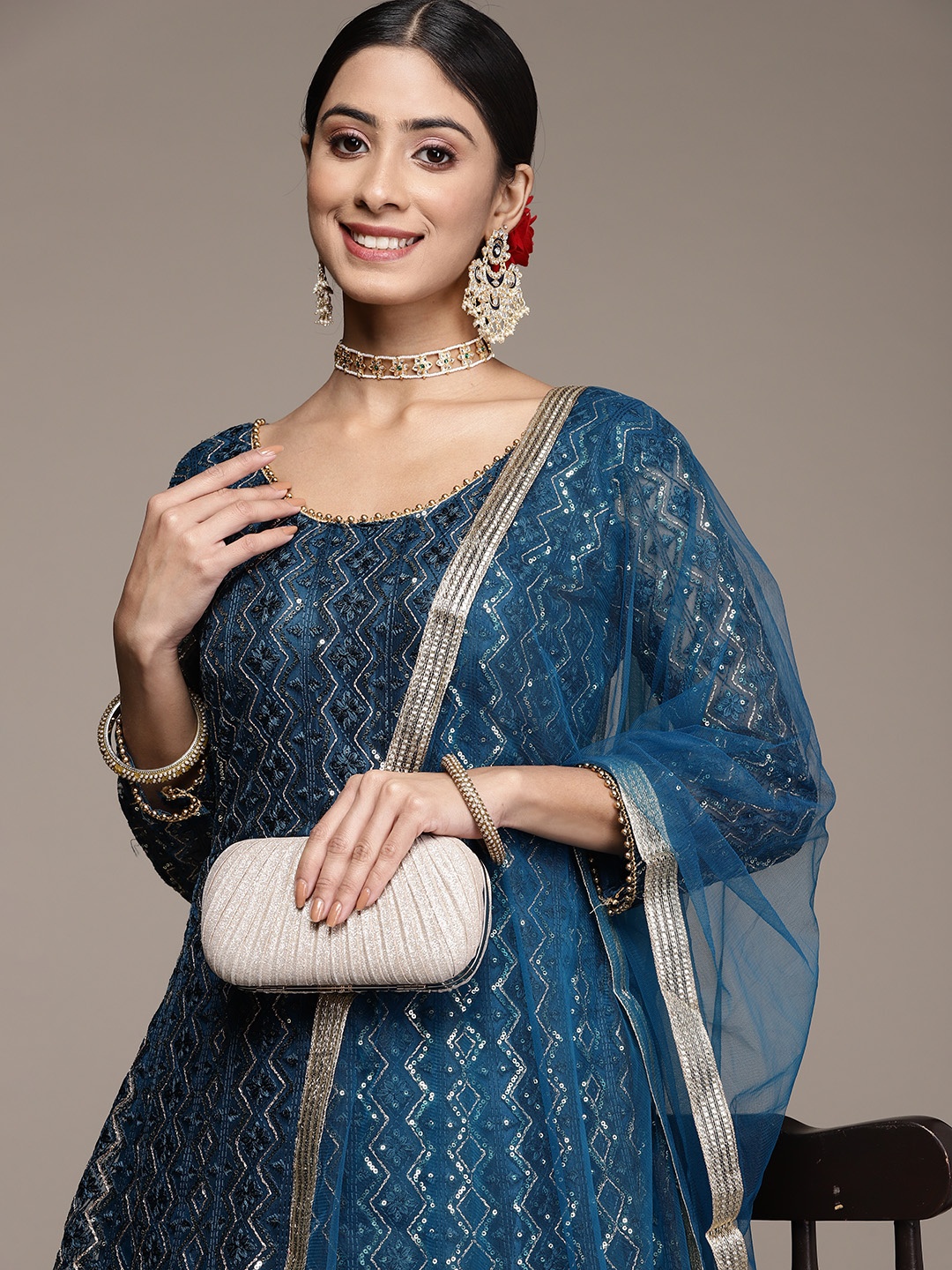 

SAARYA Women Floral Embroidered Sequin Maxi Ethnic Gown With Dupatta, Blue