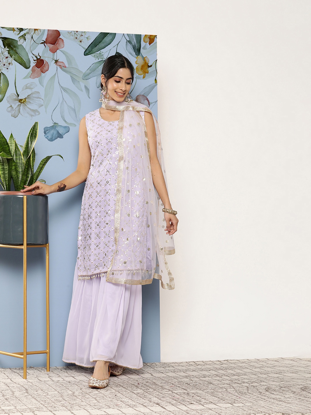 

SAARYA Floral Embroidered Sequinned Kurta with Sharara & Dupatta, Lavender