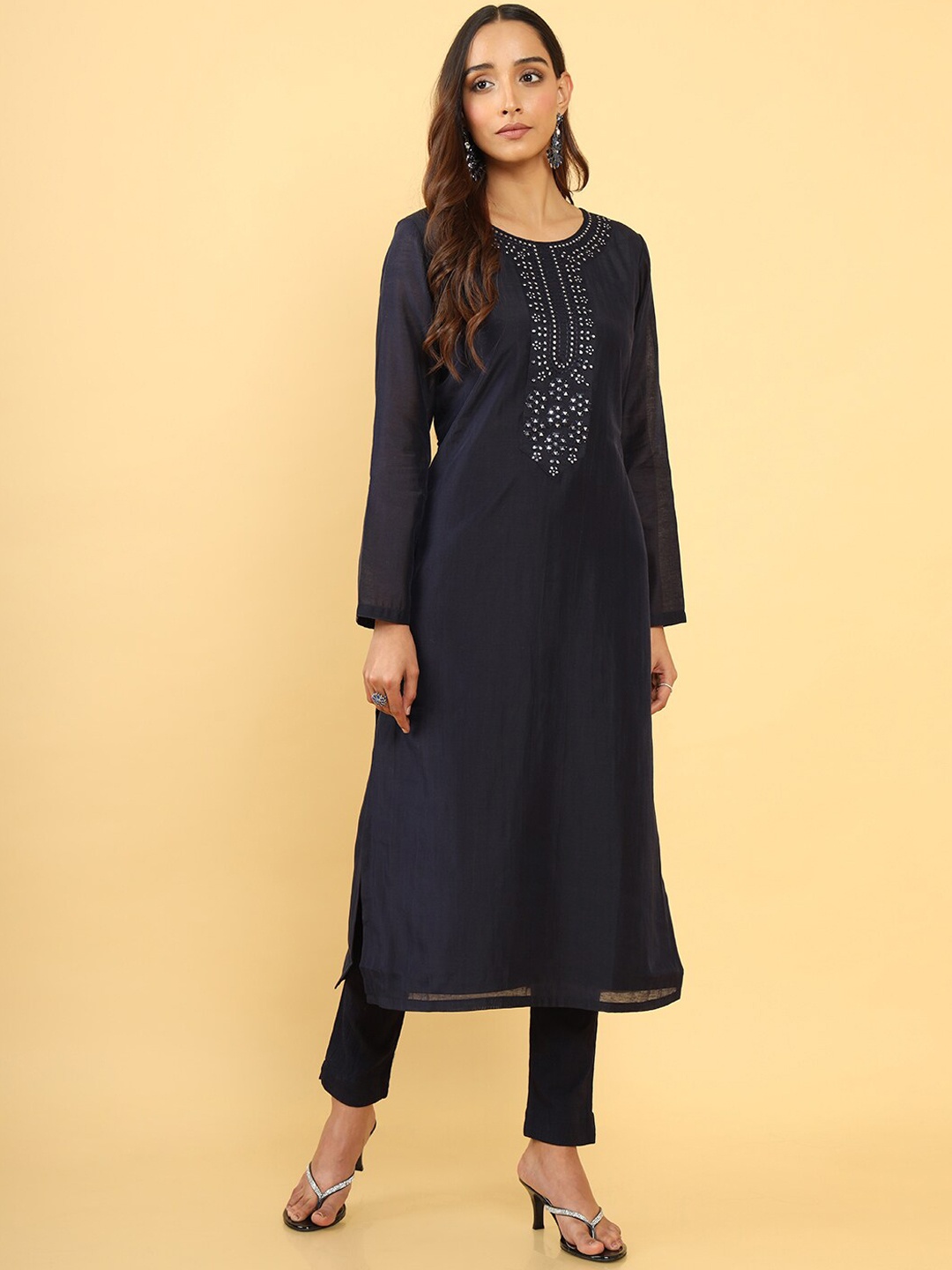 

Soch Women Geometric Embroidered Mirror Work Kurta, Navy blue