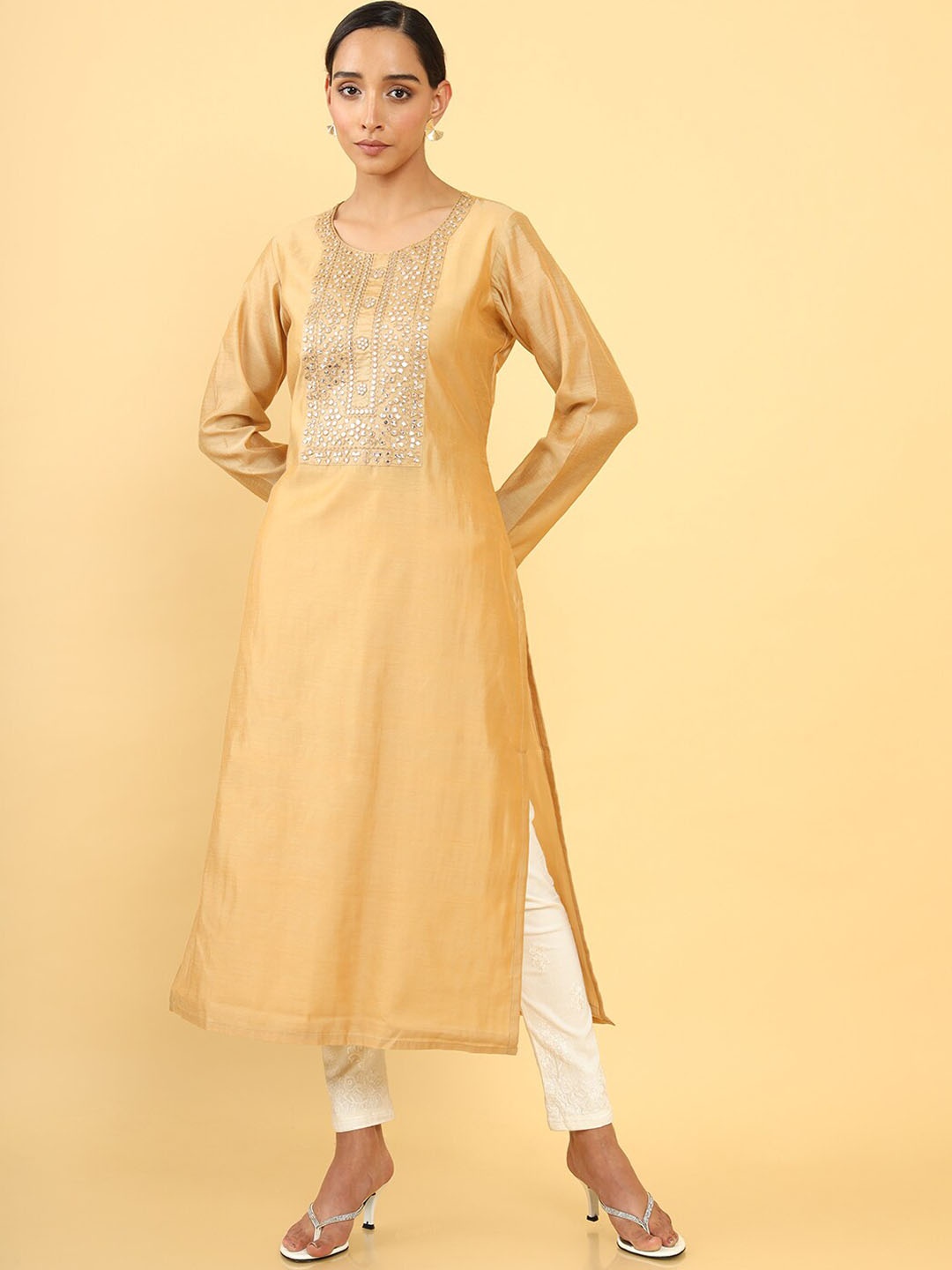 

Soch Women Geometric Embroidered Mirror Work Kurta, Beige