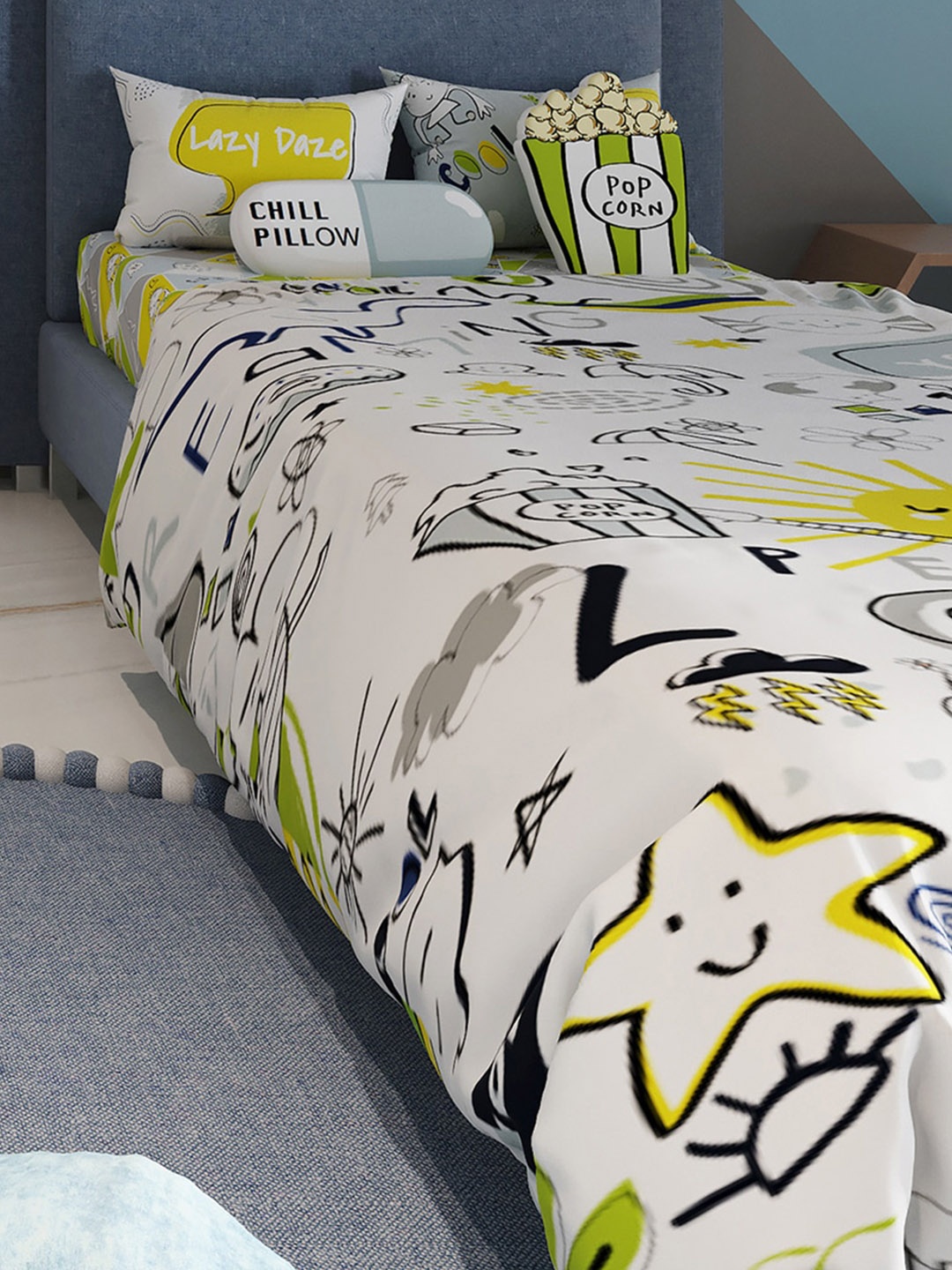 

Fancy Fluff White & Yellow Printed Kids Room Pure Cotton Single Bedding Set