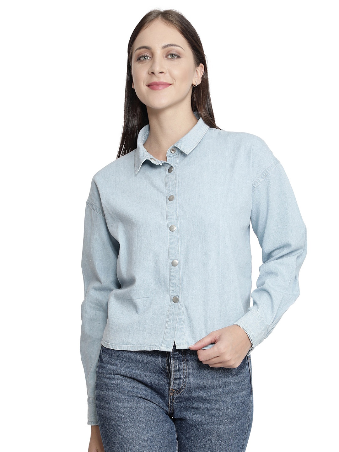 

NUEVOSDAMAS Women Blue Denim Shirt Style Top