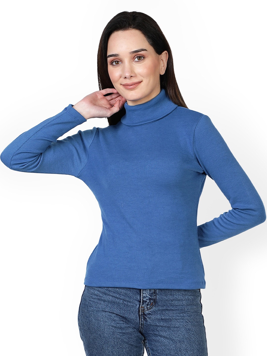 

NUEVOSDAMAS Women Blue Solid High Neck Top