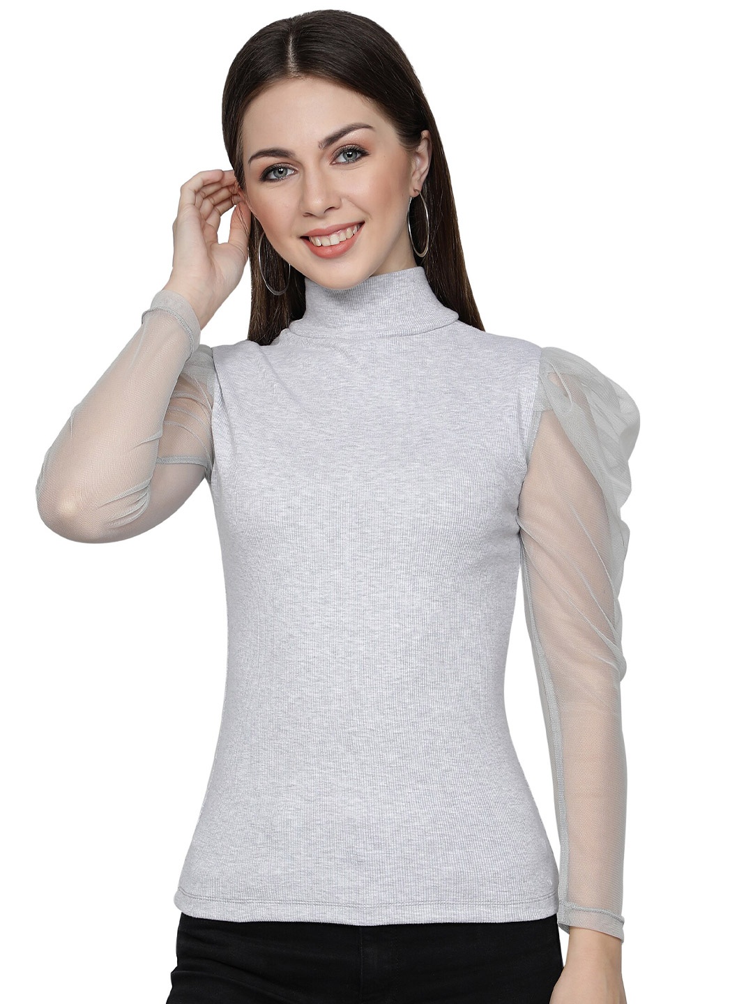 

NUEVOSDAMAS Women Grey Solid Puff Sleeves Top