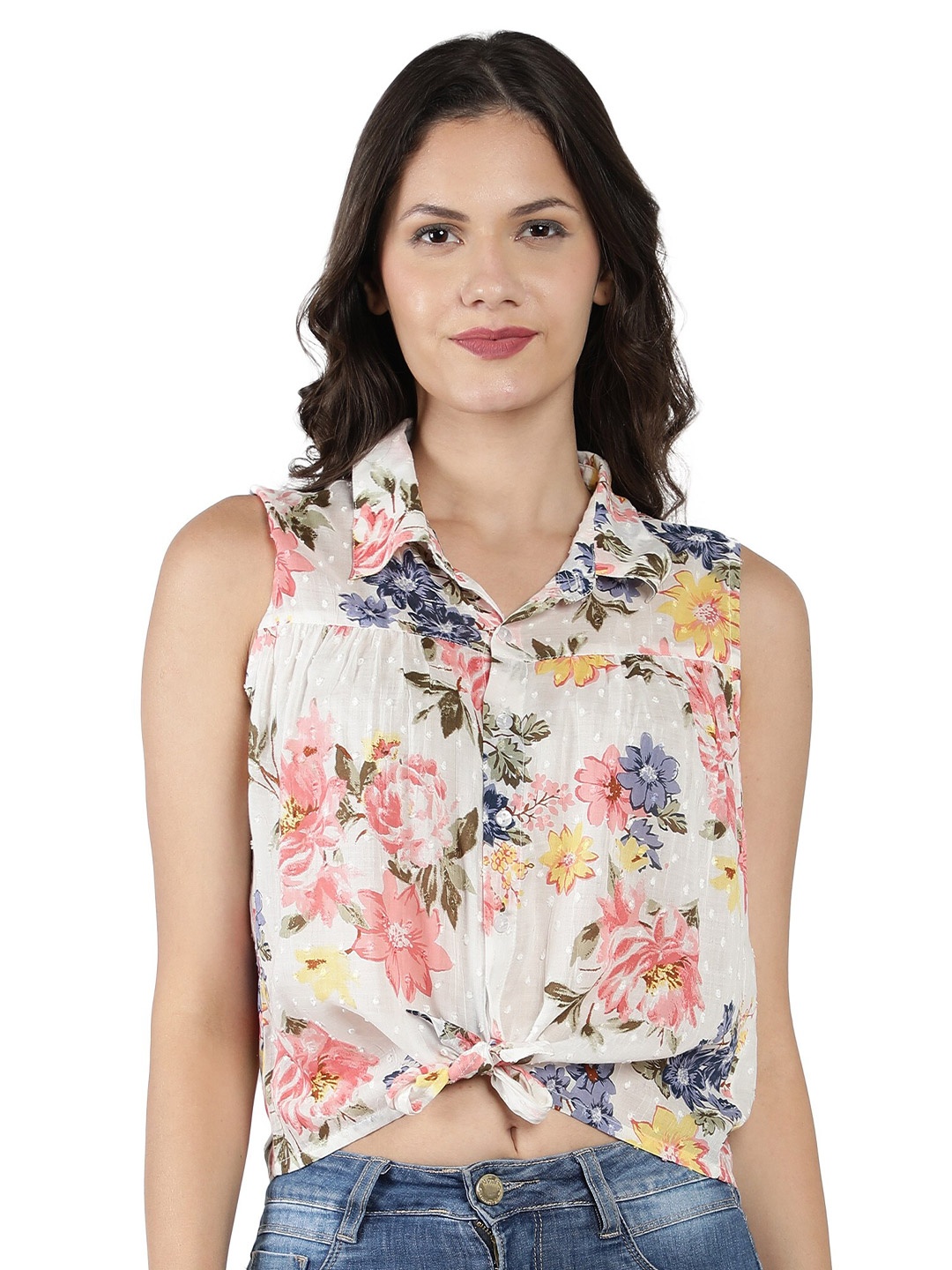 

NUEVOSDAMAS Women White & Pink Floral Print Shirt Style Crop Top