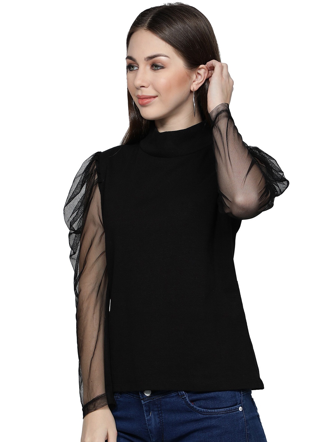 

NUEVOSDAMAS Women Black Solid Puff Sleeves Top