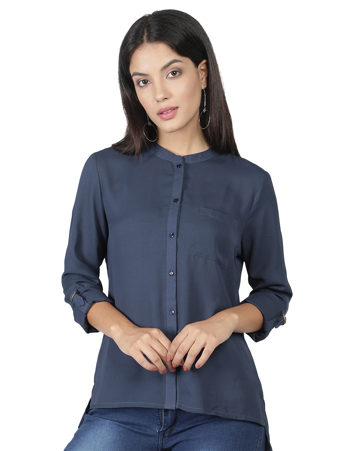 

NUEVOSDAMAS Women Blue Mandarin Collar Crepe Shirt Style Top