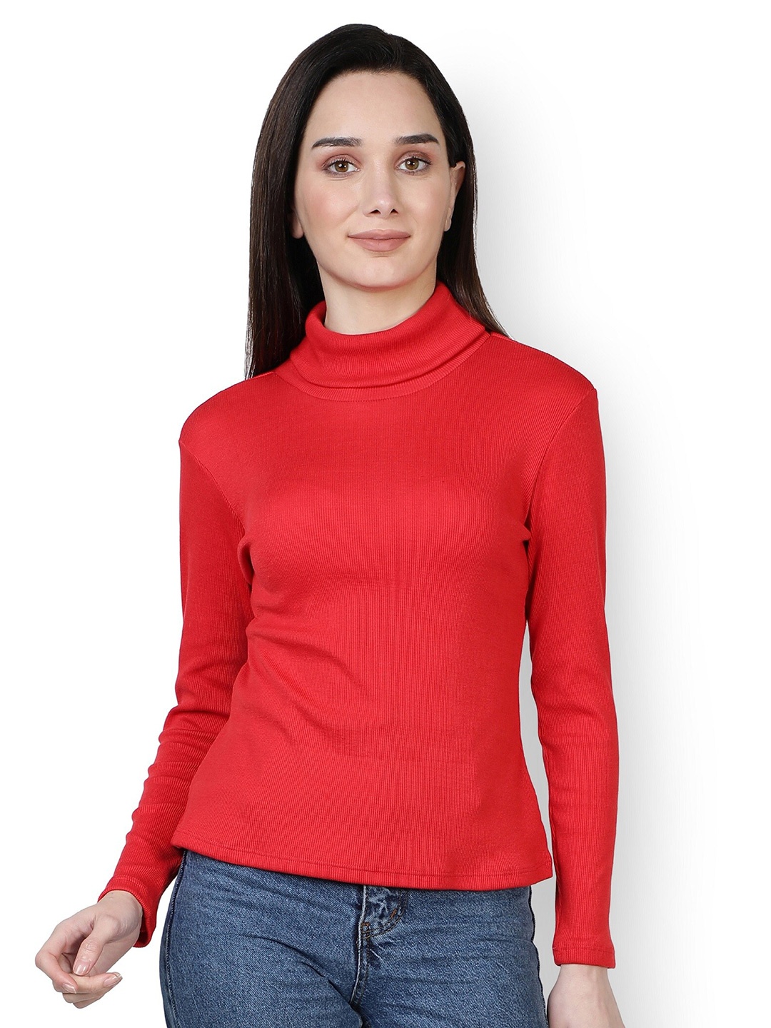 

NUEVOSDAMAS Women Red Solid High Neck Top