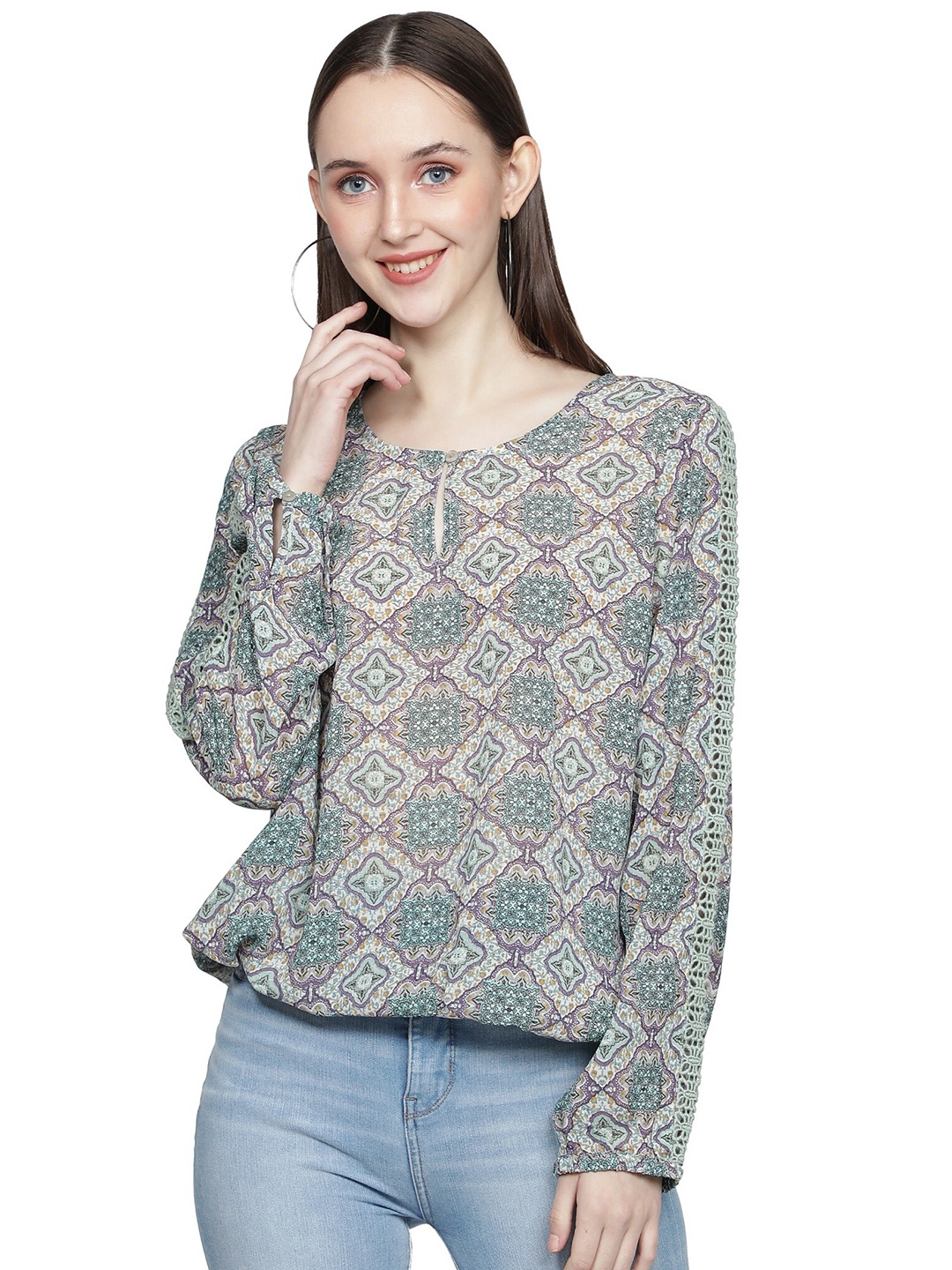 

NUEVOSDAMAS Women Grey Printed Crepe Top