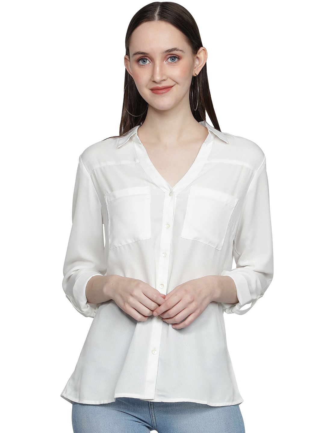 

NUEVOSDAMAS Women White Solid Shirt Style Crepe Top