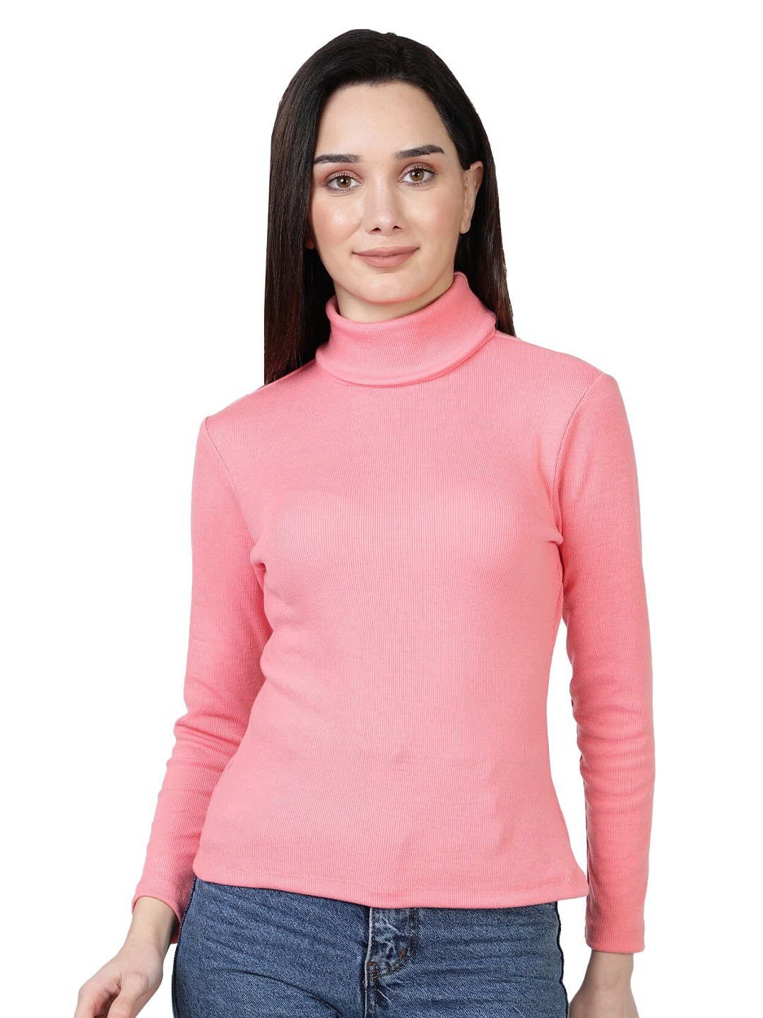 

NUEVOSDAMAS Women Pink Solid High Neck Top