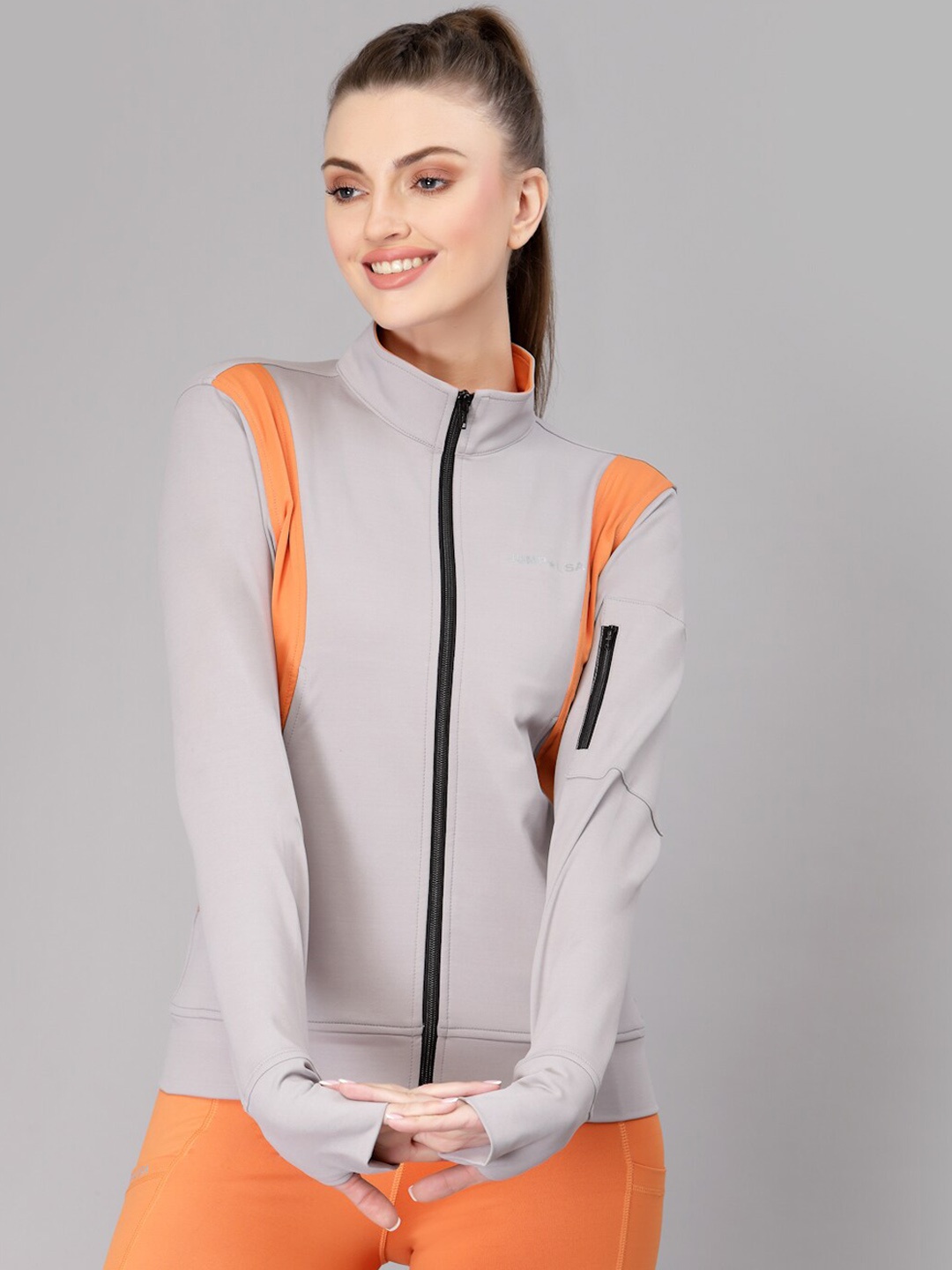 

JUMP USA Women Grey & Orange Colourblocked Sporty Jacket