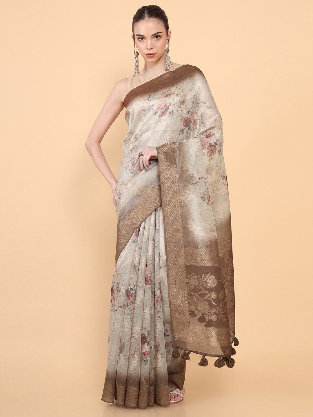 

Soch Beige & Brown Floral Printed Organza Saree