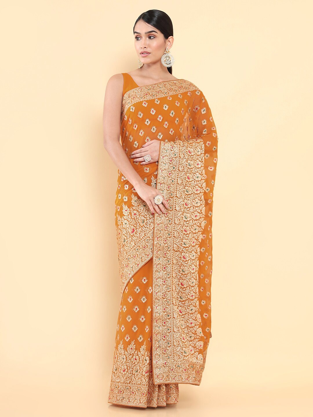 

Soch Mustard & Gold-Toned Ethnic Motifs Embroidered Saree