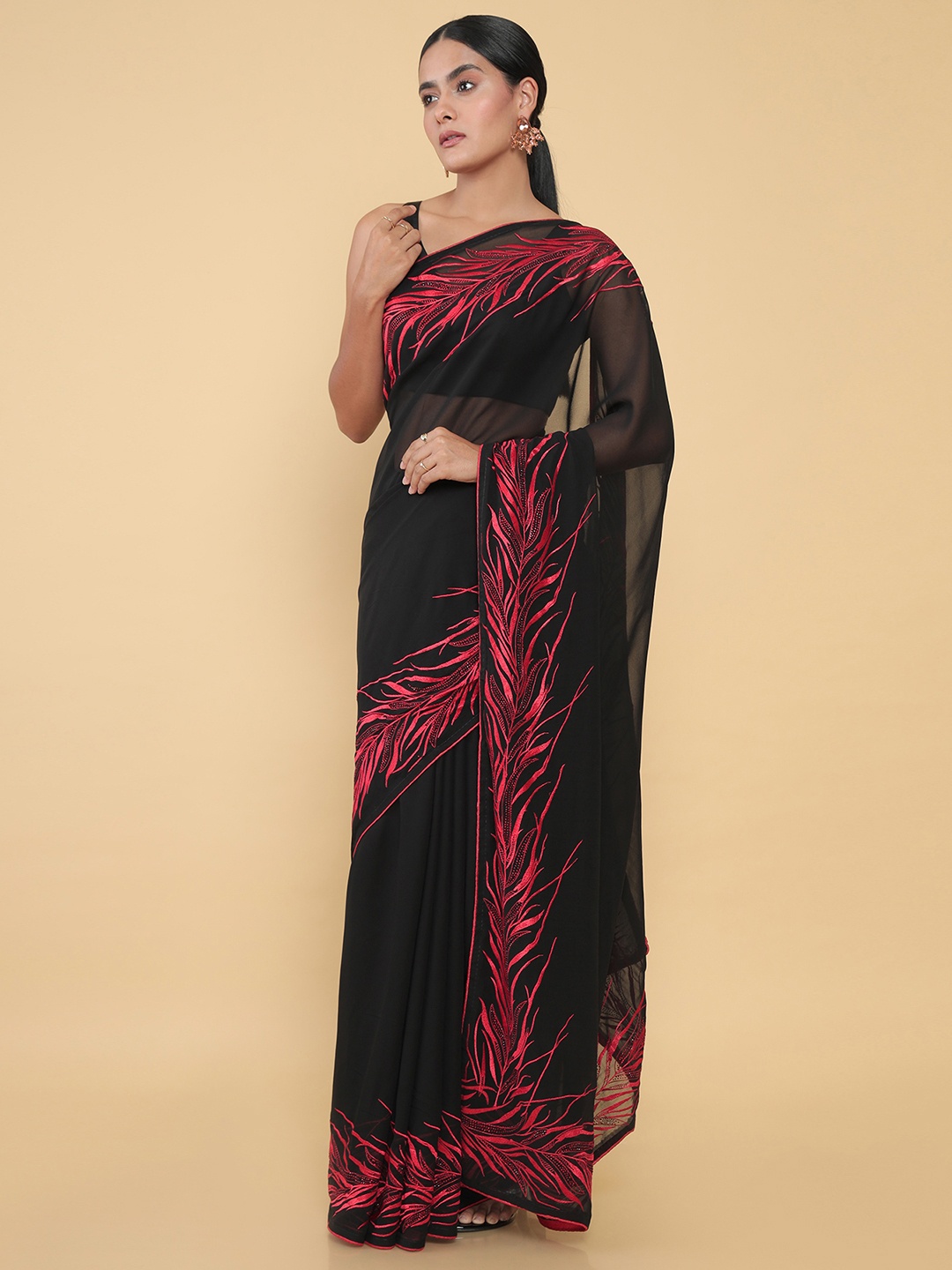 

Soch Red & Black Poly Georgette Embroidered Saree