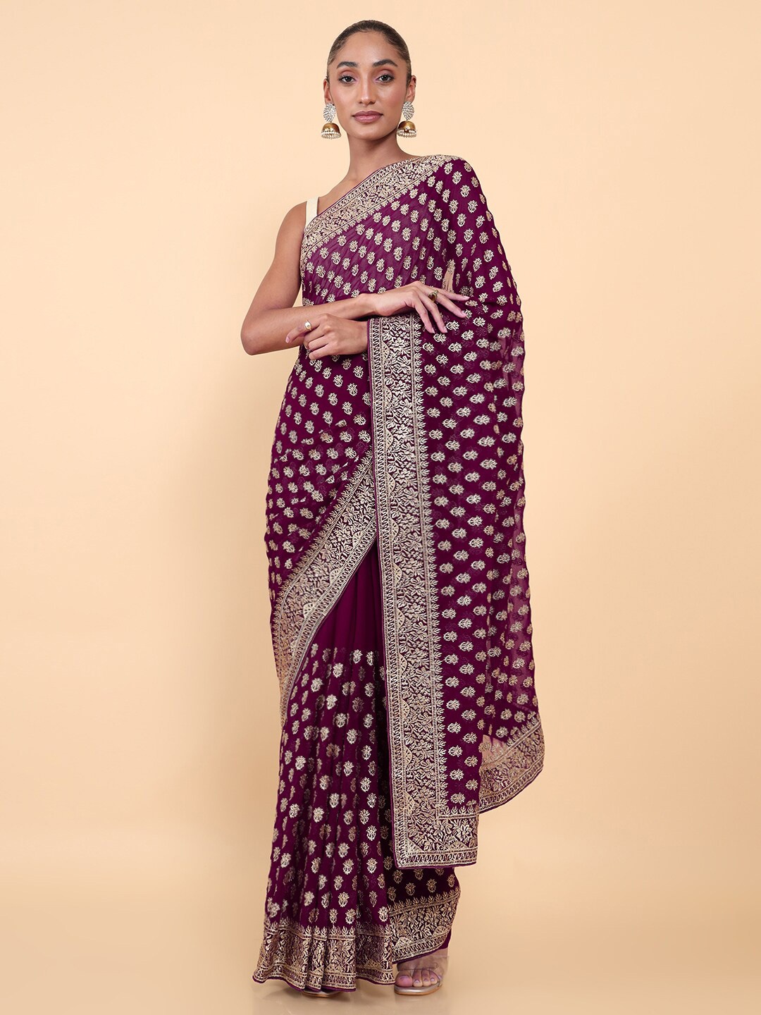 

Soch Burgundy & Silver-Toned Ethnic Motifs Embroidered Saree