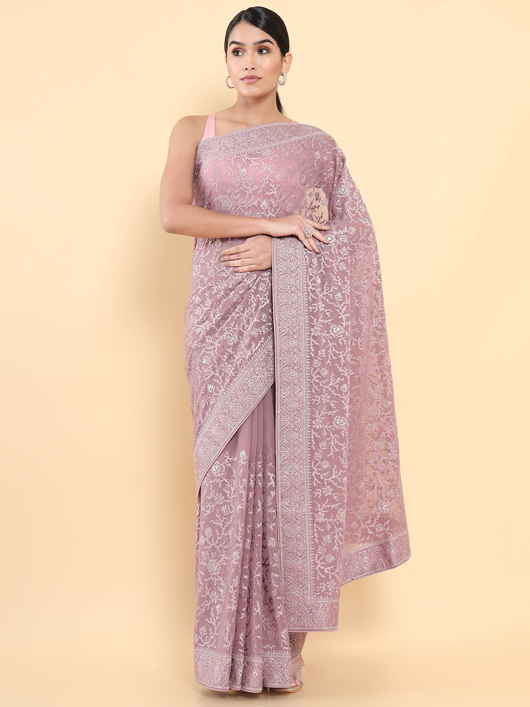 

Soch Pink & White Poly Georgette Embroidered Saree
