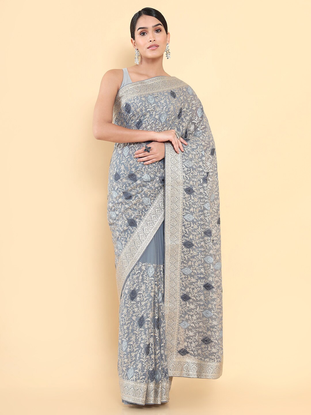 

Soch Grey Ethnic Motifs Poly Georgette Embroidered Saree