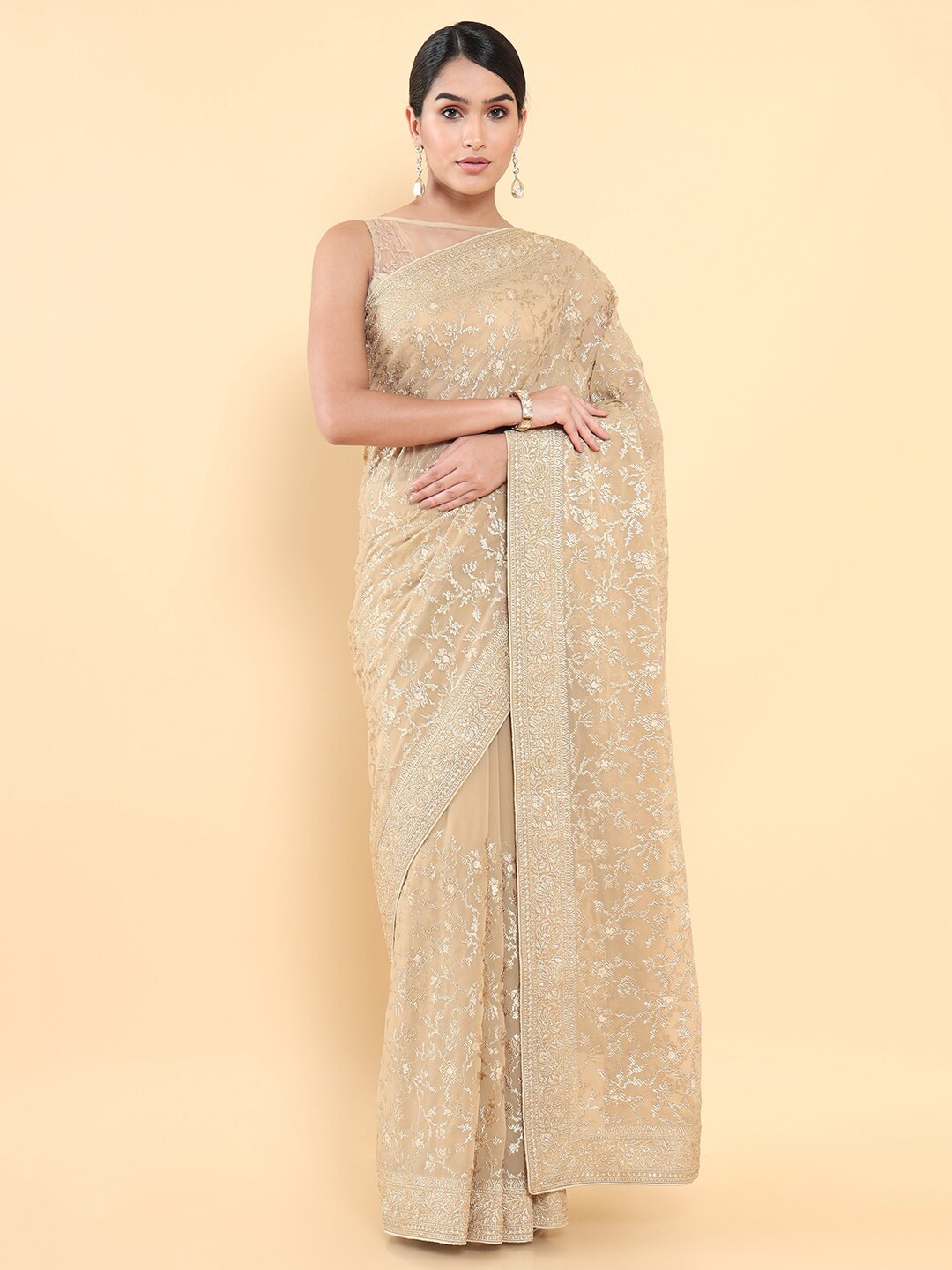 

Soch Beige & Gold-Toned Ethnic Motifs Embroidered Saree