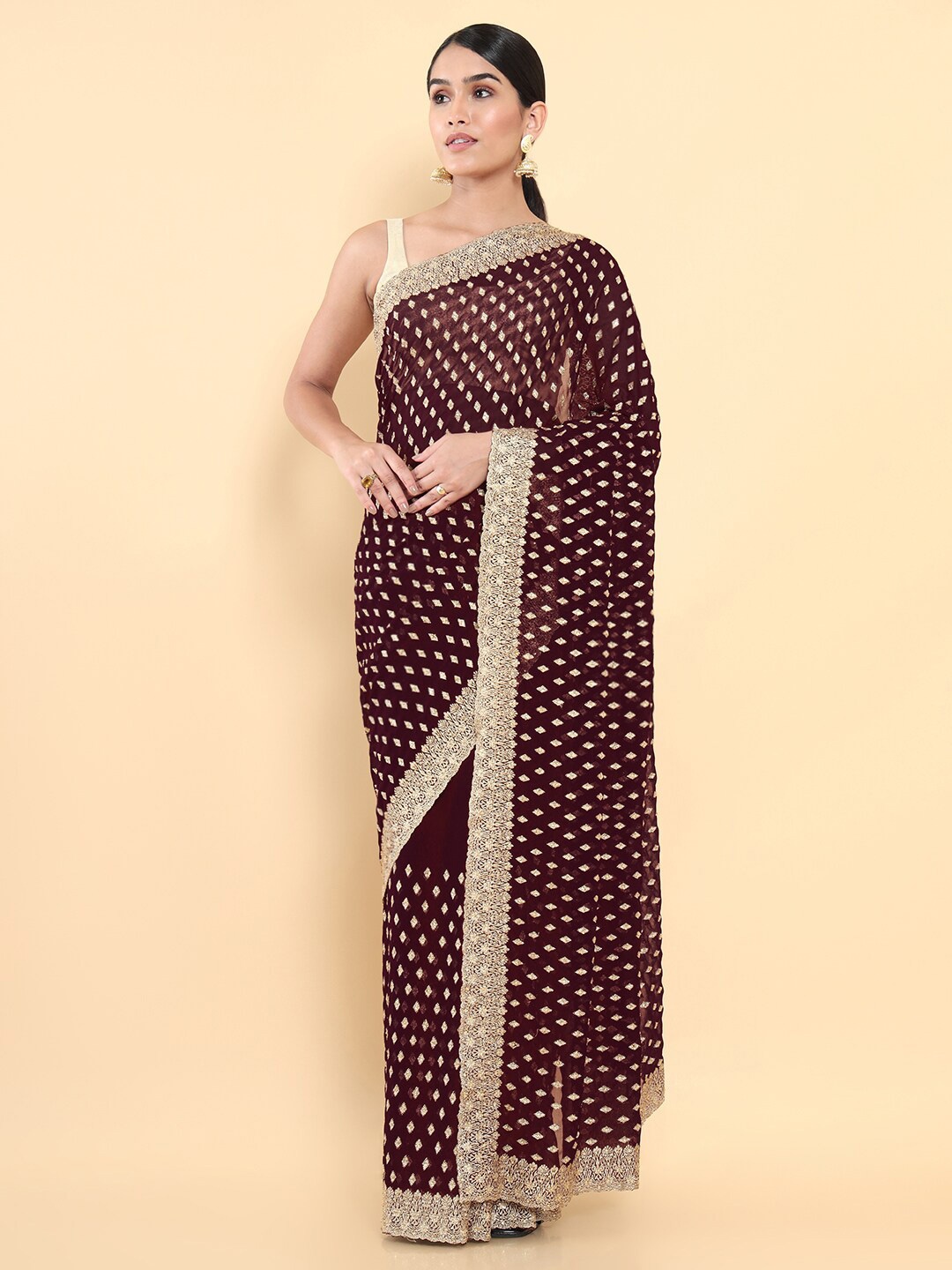 

Soch Maroon & Gold-Toned Ethnic Motifs Embroidered Saree