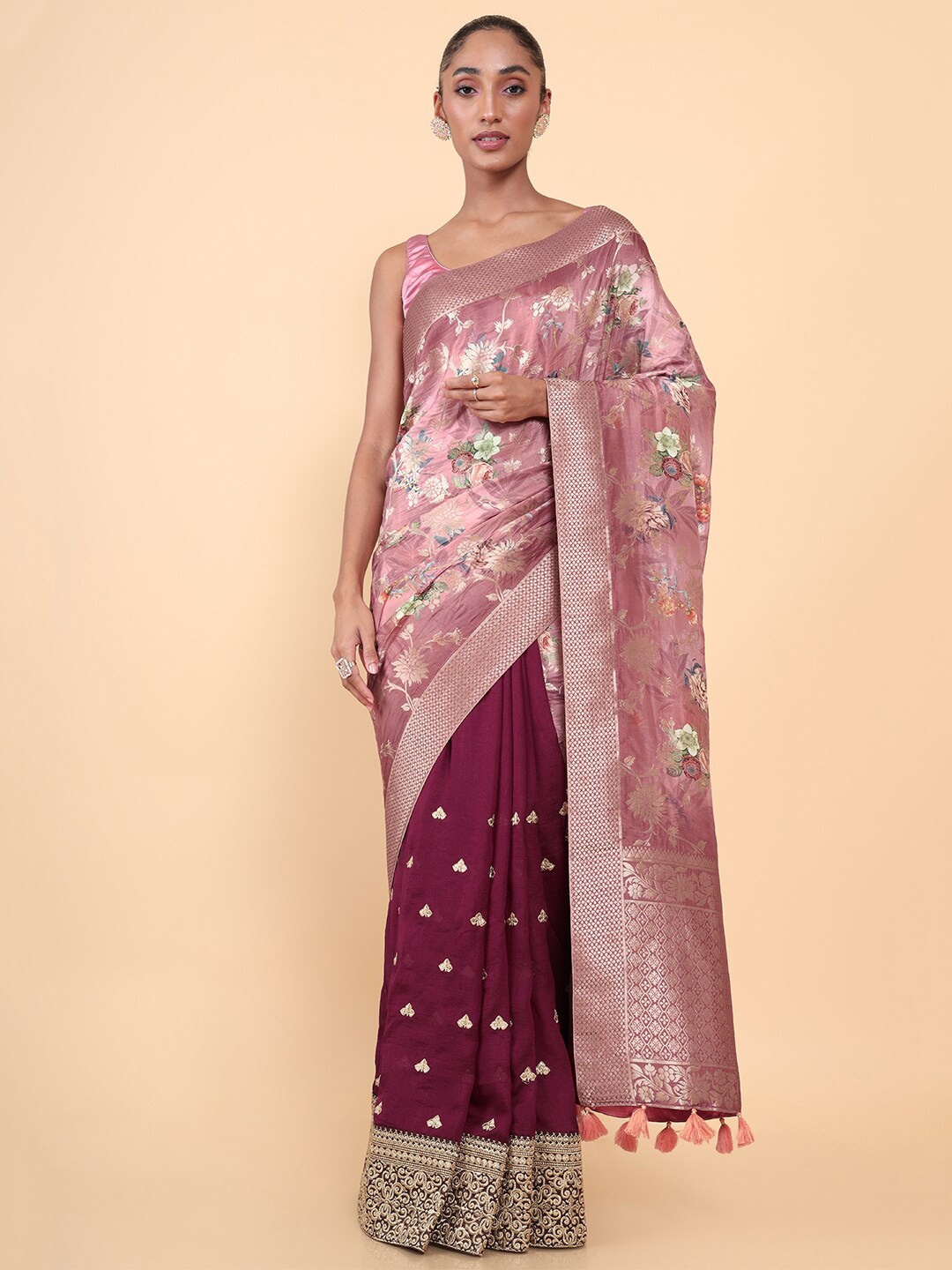 

Soch Pink & Purple Floral Silk Blend Saree