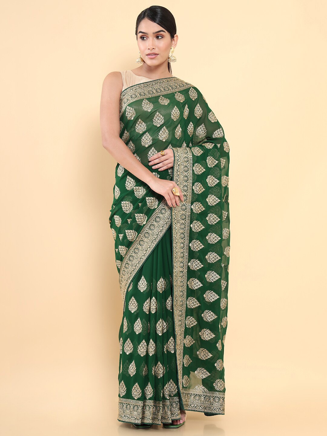 

Soch Green & Gold-Toned Floral Embroidered Saree