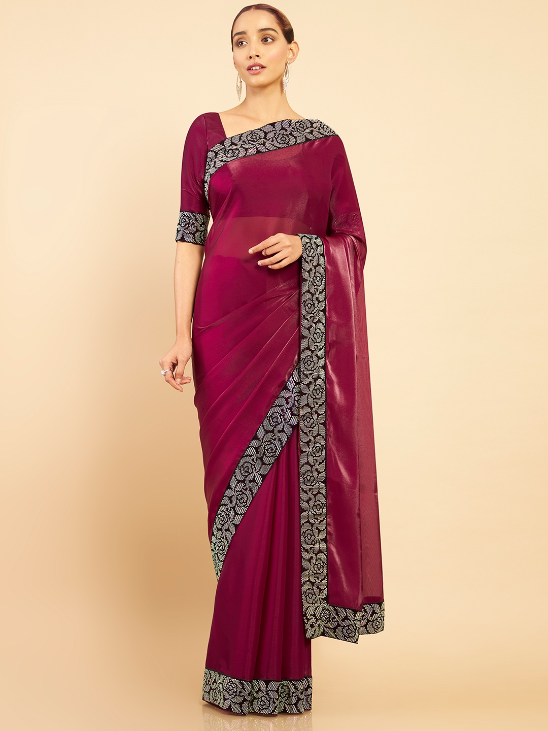 

Soch Red & Silver-Toned Beads and Stones Organza Saree