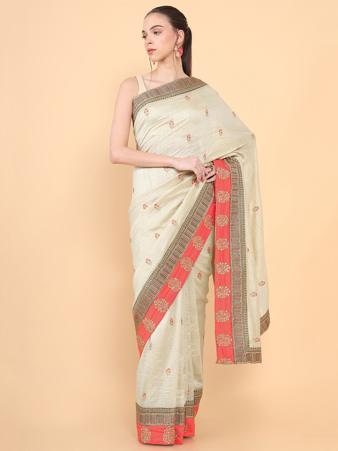 

Soch Cream-Coloured & Red Floral Embroidered Silk Blend Saree