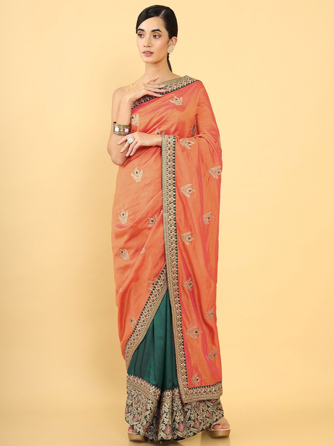

Soch Orange & Green Floral Silk Blend Saree